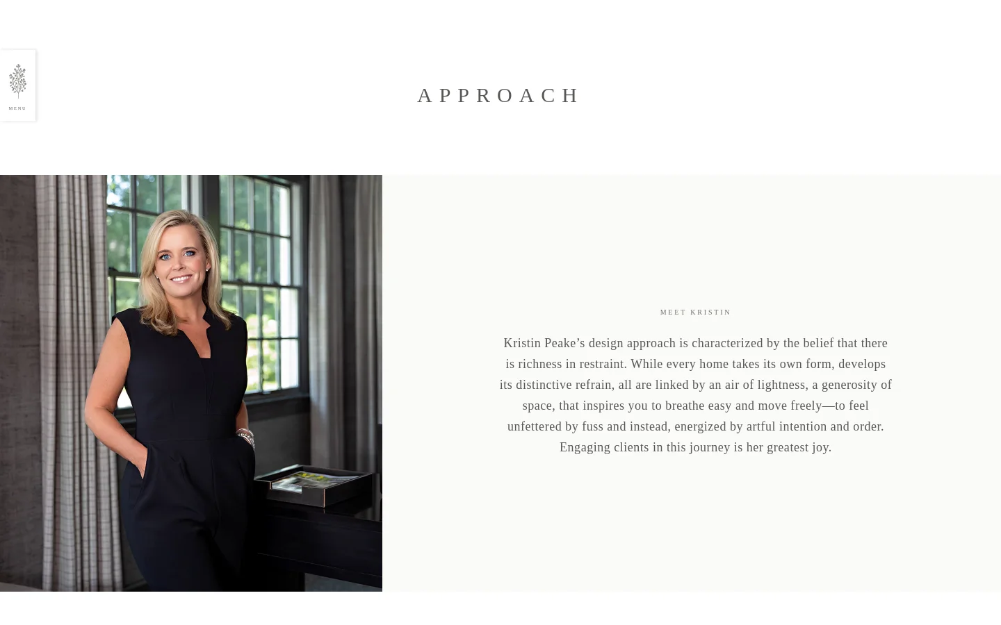 The desktop page features a large hero image of Kristin Peake on the left, a smiling blonde woman in a black jumpsuit, set against a windowed interior. To the right, the 'Meet Kristin' section contains elegant serif text on a light cream background. The layout is spacious and minimalist with a clean white header containing the title 'APPROACH'.