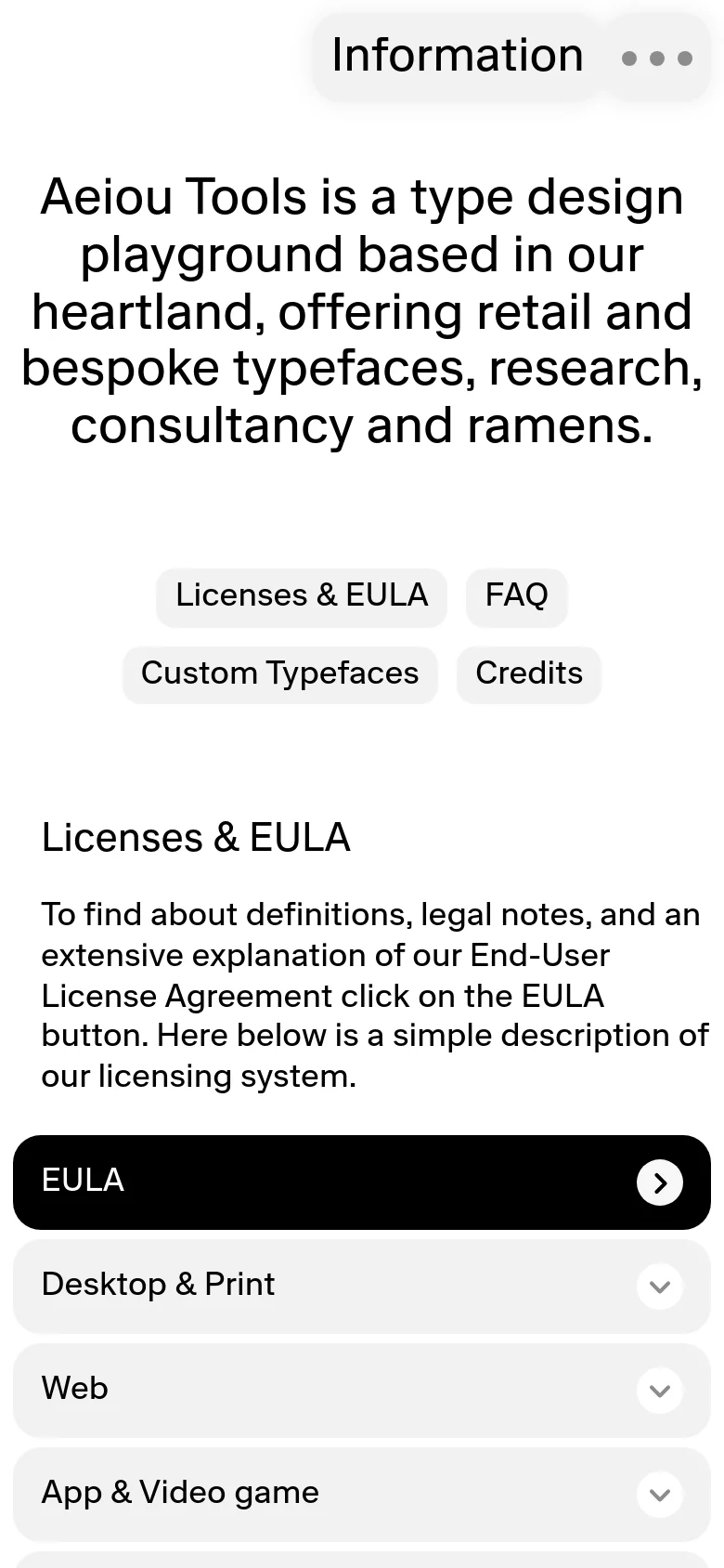 The mobile version presents a vertically stacked layout optimized for small screens. The navigation buttons are arranged in a two-by-two grid below the main headline, and the licensing information is presented as a series of full-width expandable accordion bars.