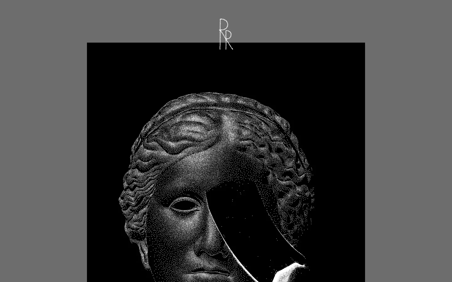 A desktop webpage featuring a large, black-and-white stippled artwork of a classical bust with a dark shadow obscuring part of the face. The layout includes a minimalist header with a logo, navigation links for 'Close', 'Previous', and 'Next', and a text section below the image describing the artist Jules Julien. The background is a dark gray, creating a high-contrast, moody aesthetic.