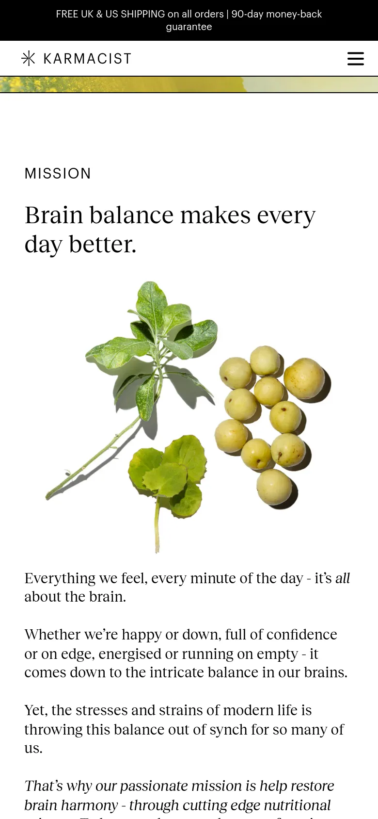 The mobile version uses a single-column vertical layout optimized for small screens. The botanical imagery is centered above the text, and the navigation is condensed into a hamburger menu icon in the top right corner. The overall color palette remains white and black, with the mission text and call-to-action button stacked vertically.