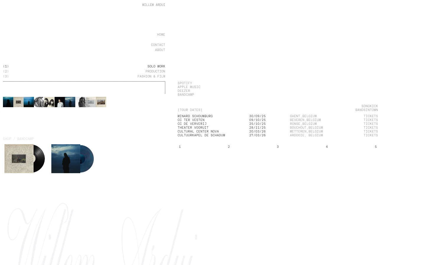 The desktop page features a minimalist white layout with a vertical navigation menu on the right and a grid of moody, cinematic photography in the center. Below the imagery, there are links to music platforms like Spotify and Bandcamp, followed by a tour dates section listing upcoming shows in Belgium. Large, light gray typography is used for background accents and section headings.