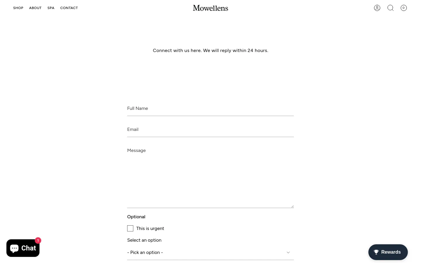 The desktop contact page features a minimalist design with a white background and black text. A centered contact form includes text fields for Full Name, Email, and Message, followed by an optional checkbox for urgency and a dropdown menu. A black 'Chat' button is located in the bottom left corner, and a 'Rewards' button is in the bottom right.