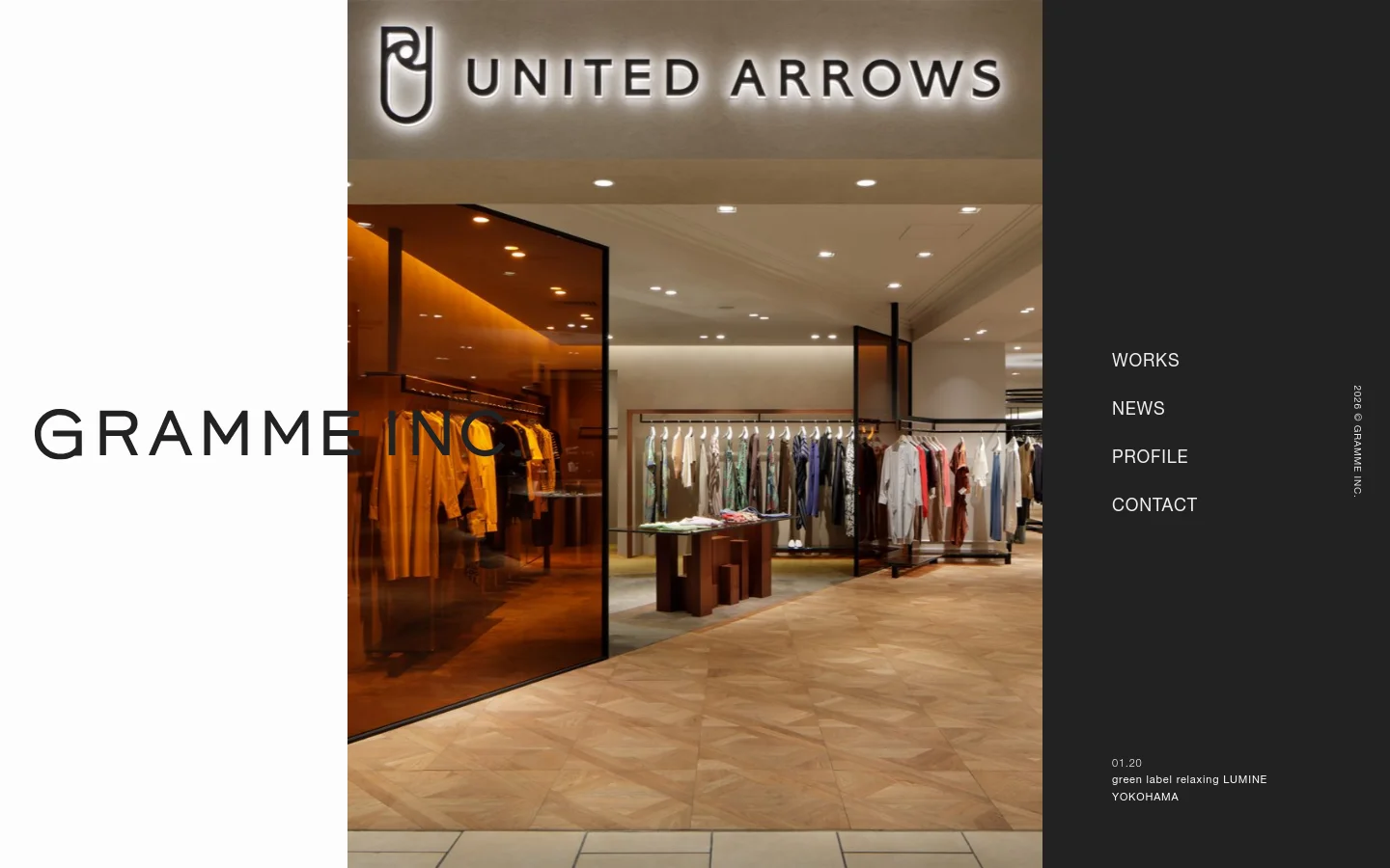 The desktop homepage features a large, high-quality photograph of a modern United Arrows retail interior with warm lighting and wooden floors. The text 'GRAMME INC.' is prominently displayed on the left, while a dark sidebar on the right contains navigation links for Works, News, Profile, and Contact.