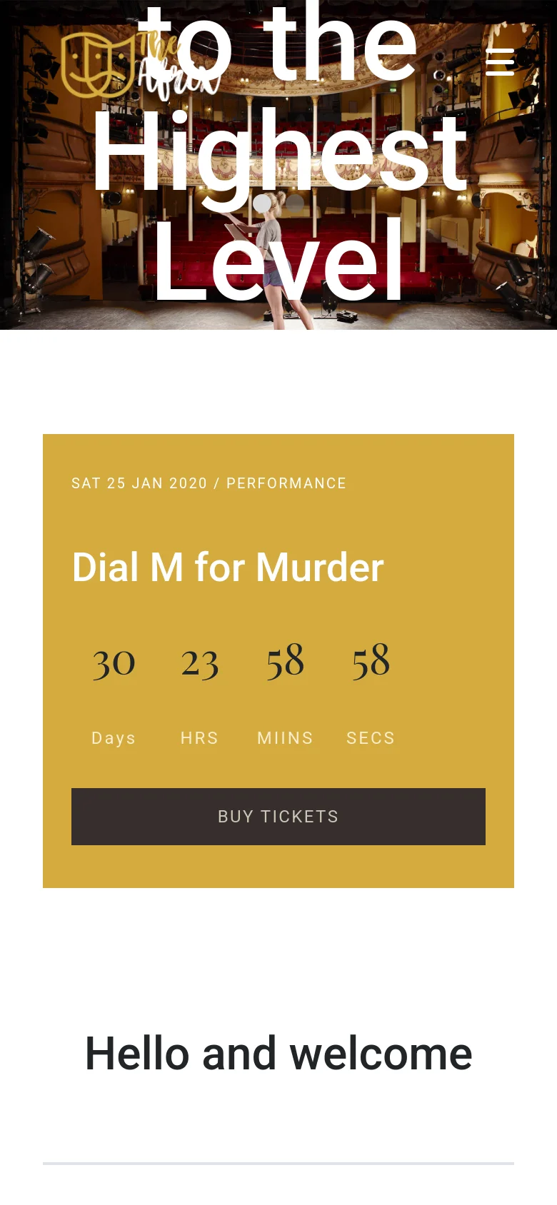 The mobile version uses a condensed layout with a hamburger menu icon in the top right and the logo centered. The hero image and large white headline are scaled down, followed by a full-width gold section containing the event countdown and a prominent 'Buy Tickets' button. The content is stacked vertically to fit the narrow screen width.