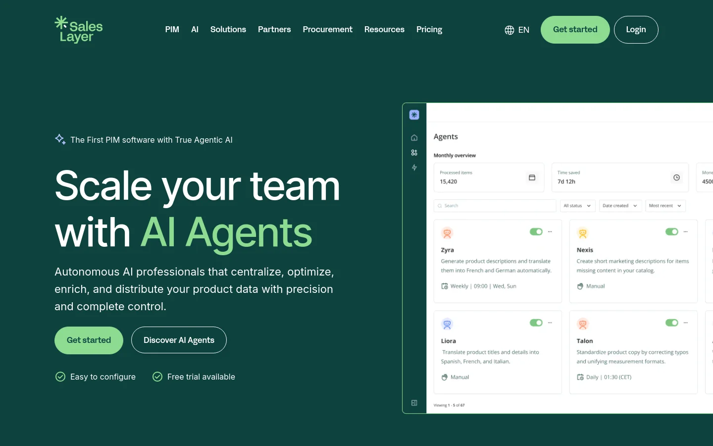 The Sales Layer homepage features a dark green hero section with the headline 'Scale your team with AI Agents' and two primary buttons: 'Get started' and 'Discover AI Agents'. To the right, a large software interface mockup displays an 'Agents' dashboard with various AI agent cards. The top navigation includes links for PIM, AI, Solutions, and Pricing, alongside a 'Get started' button.