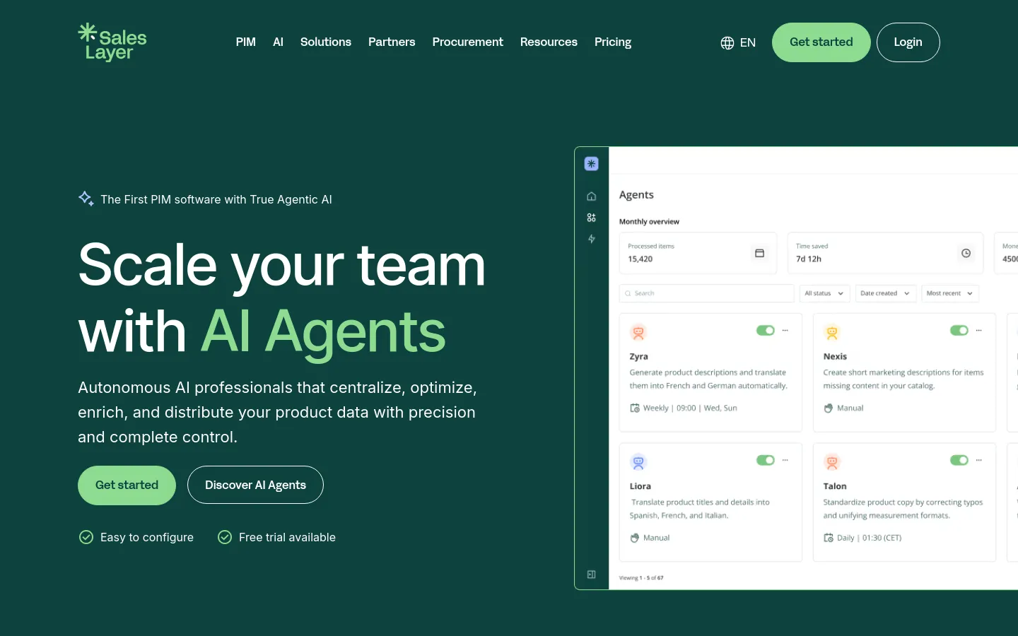 The Sales Layer homepage features a dark green hero section with the headline 'Scale your team with AI Agents' and two primary buttons: 'Get started' and 'Discover AI Agents'. To the right, a large software interface mockup displays an 'Agents' dashboard with various AI agent cards. The top navigation includes links for PIM, AI, Solutions, and Pricing, alongside a 'Get started' button.