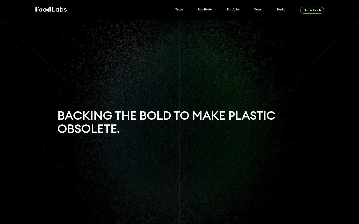 The desktop homepage features a dark, minimalist design with a large hero section displaying the headline 'BACKING THE BOLD TO MAKE PLASTIC OBSOLETE' over a textured, dark green and black background. A navigation bar at the top includes links for Team, Manifesto, Portfolio, News, Studio, and a 'Get in Touch' button. Below the hero, a section titled 'LATEST FROM OUR PORTFOLIO' showcases news cards with images and headlines.