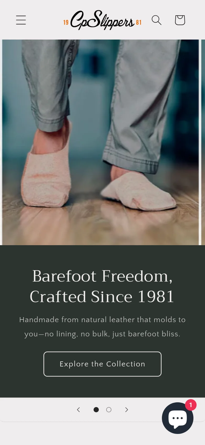 The mobile version presents a vertically stacked layout with a large hero image of leather slippers. Below the image, the headline 'Barefoot Freedom, Crafted Since 1981' and a call-to-action button are centered on a dark charcoal background, with a floating chat icon in the bottom right corner.