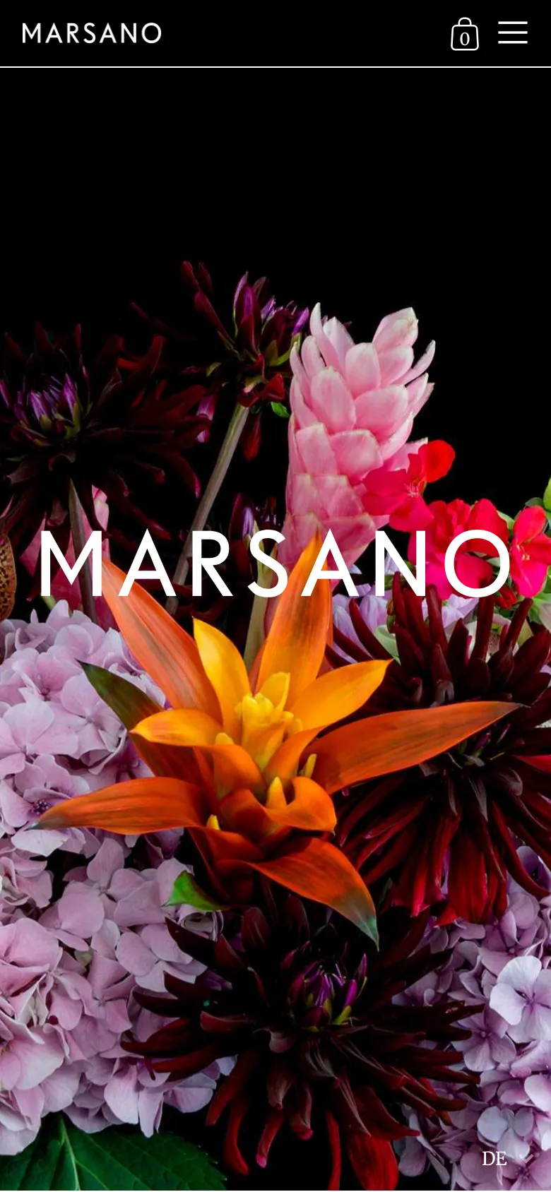 The mobile version displays a vertically oriented, close-up view of the colorful floral arrangement against a black background. The 'MARSANO' logo is centered in white, and the navigation is condensed into a hamburger menu icon next to a shopping bag icon at the top.