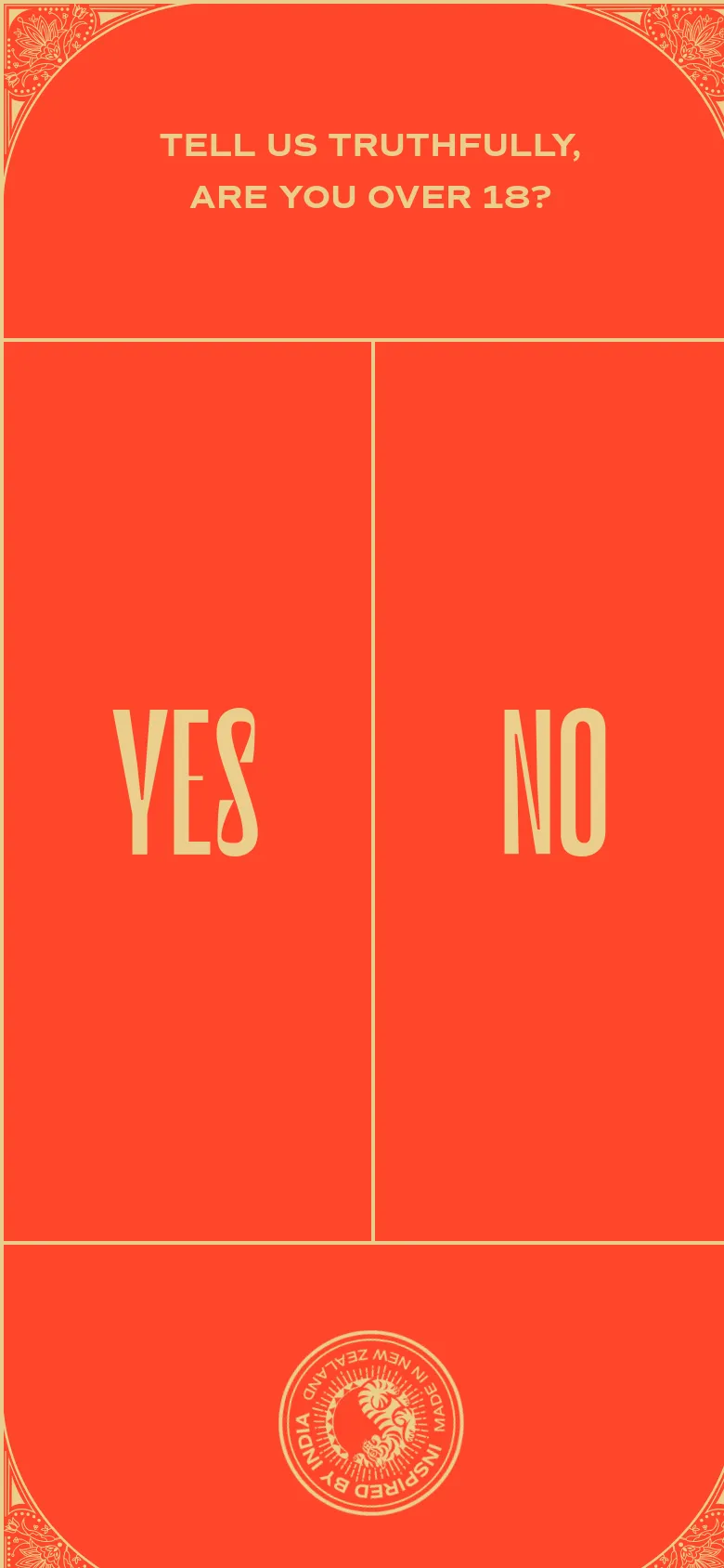 A mobile version of the age verification screen with a vibrant orange background and cream-colored text. The layout is vertically stacked, featuring the age verification question at the top, followed by large 'YES' and 'NO' selection areas, and a circular brand emblem at the bottom.
