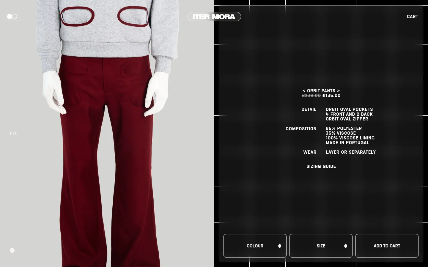 Desktop view of the Orbit Pants product page featuring a split layout with a large product image on the left and product details on a dark, grid-patterned right panel. The image shows a mannequin wearing maroon flared pants with oval pockets, and the right panel includes the price, product details, composition, and selection dropdowns for colour and size above an 'ADD TO CART' button.