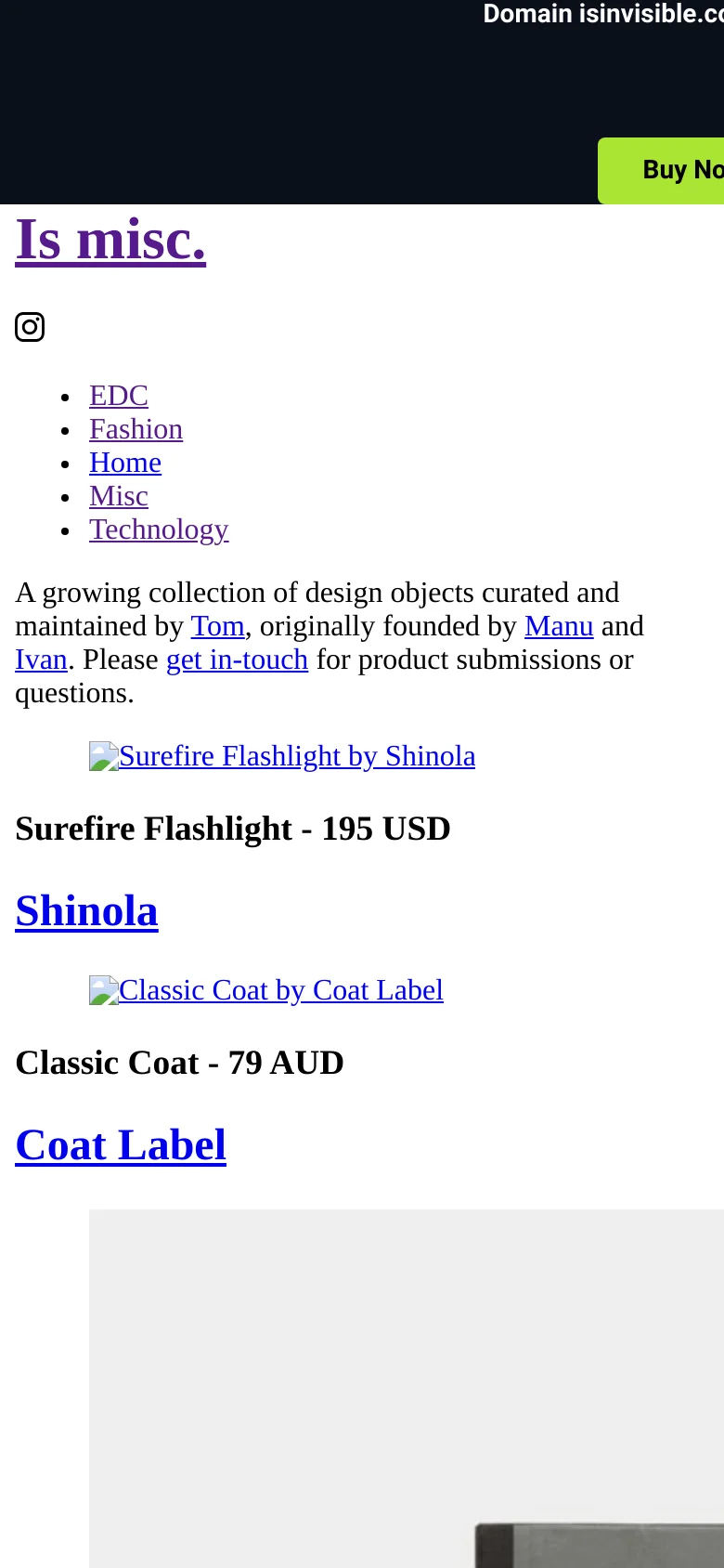 The mobile version maintains the minimalist white background and dark top banner but reflows the content into a single vertical column. The product images, titles, and prices are stacked vertically to fit the narrow screen, and the navigation menu is condensed for mobile viewing.