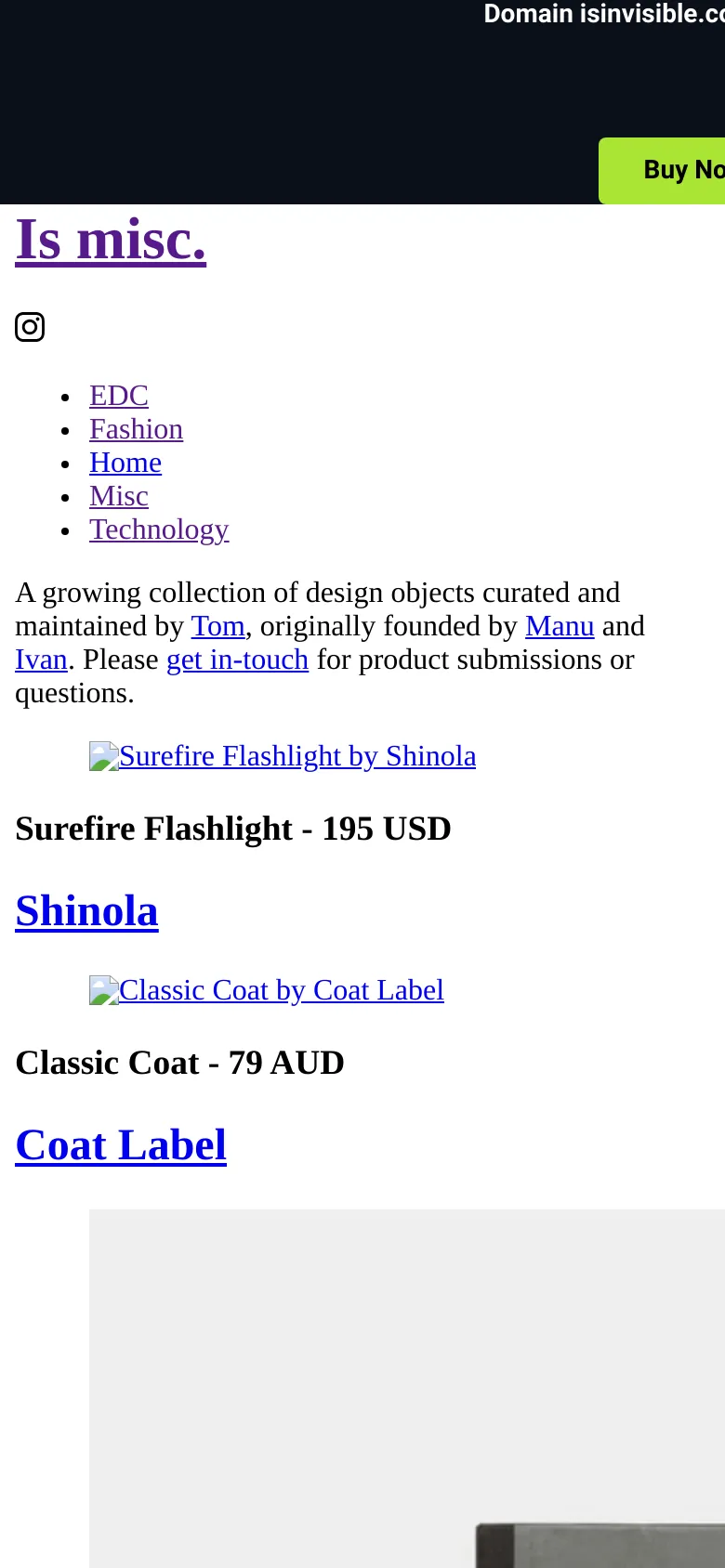 The mobile version maintains the minimalist white background and dark top banner but reflows the content into a single vertical column. The product images, titles, and prices are stacked vertically to fit the narrow screen, and the navigation menu is condensed for mobile viewing.
