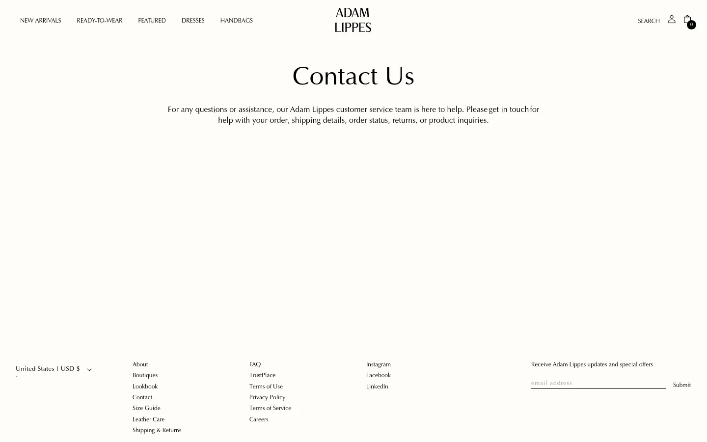 The desktop Contact page features a minimalist design with a white background and centered black text. A large 'Contact Us' headline is followed by a brief introductory paragraph, with a navigation menu at the top and a multi-column footer containing links and a newsletter signup.