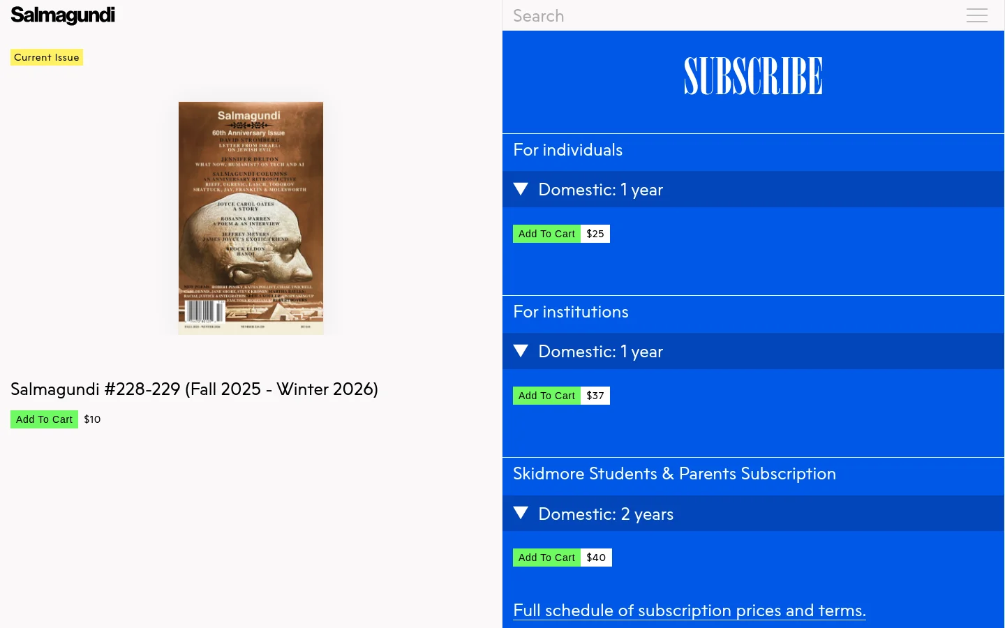 The desktop version of the Salmagundi shop page features a white background with a large image of the current magazine issue, Salmagundi #228-229, on the left. To the right, a bright blue section contains subscription options for individuals, institutions, and Skidmore students, each with a dropdown menu and a green 'Add To Cart' button. The layout is clean and uses high-contrast blue, white, and green elements.