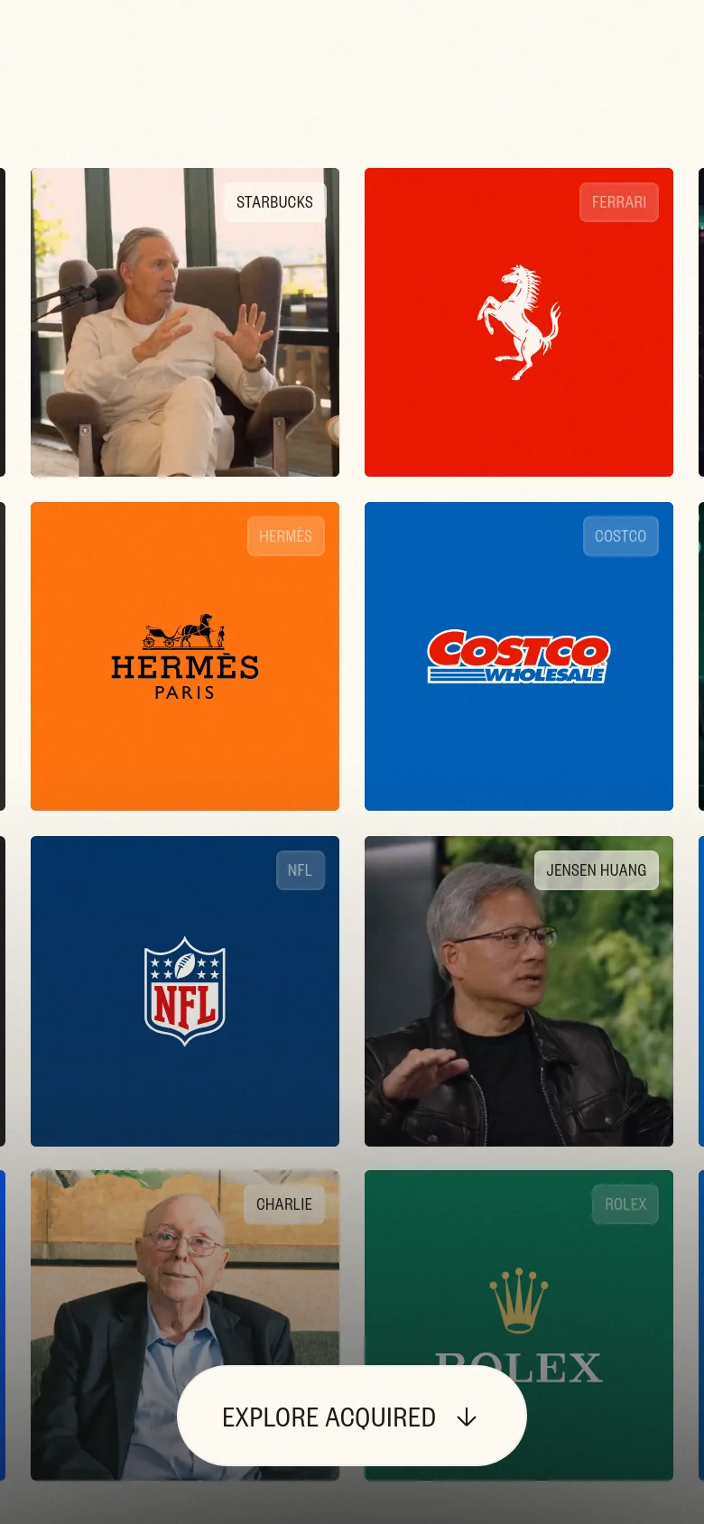The mobile version presents a condensed vertical grid of large, colorful tiles featuring company logos such as Ferrari, Hermès, and Costco. The layout is simplified for vertical scrolling, and the 'EXPLORE ACQUIRED' button remains centered at the bottom of the screen.