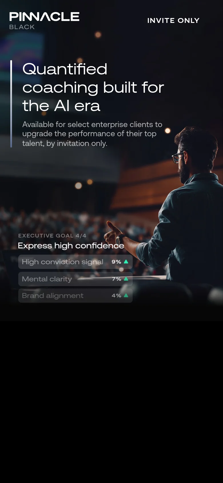 The mobile version uses a vertical layout with the same dark aesthetic and hero imagery, though the text is centered and stacked for readability. The headline and subtext are condensed, and the executive goal metrics are displayed as simplified horizontal bars near the bottom of the screen.