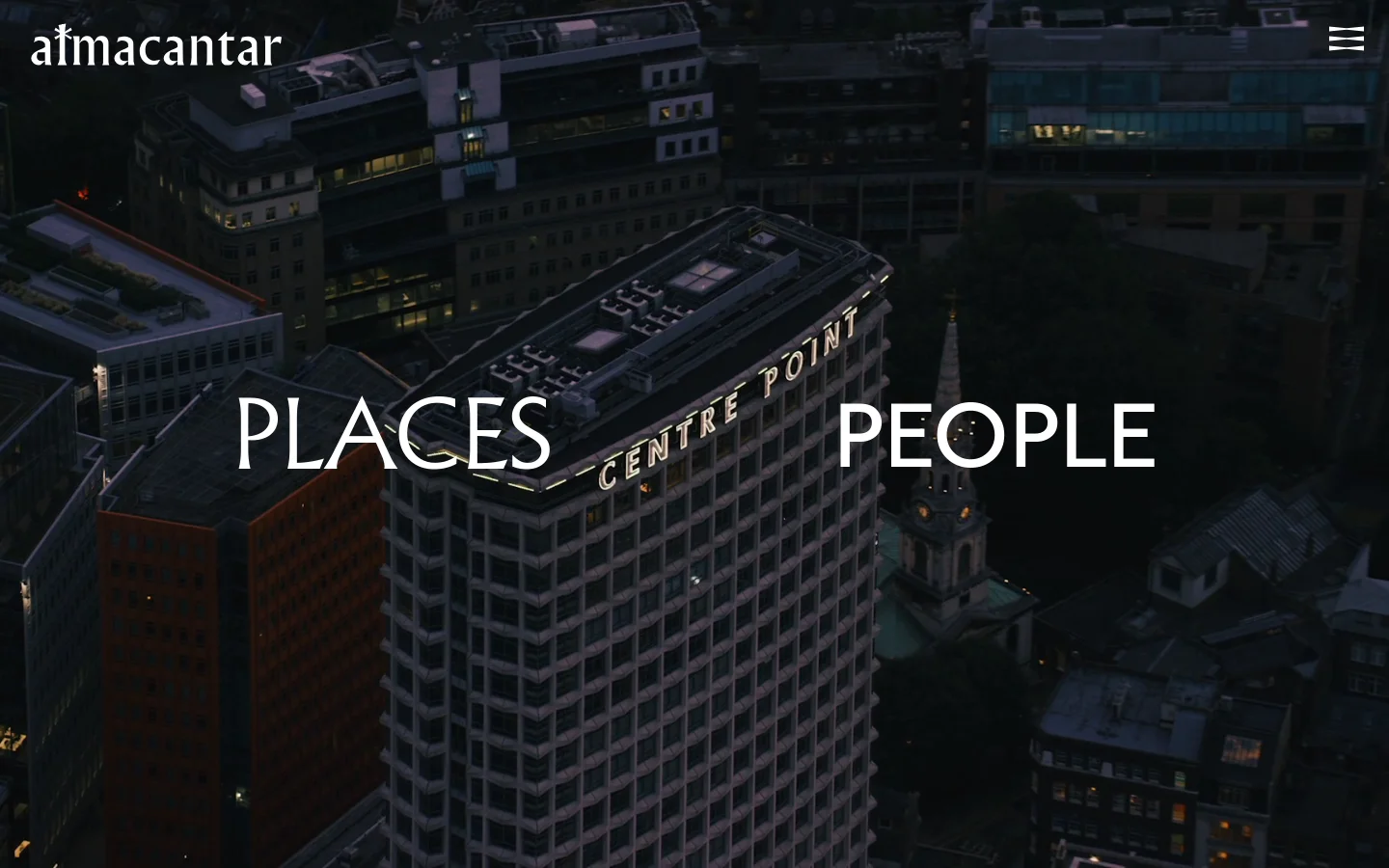 The desktop homepage features a dark, cinematic aerial photograph of urban buildings at dusk as a hero background. Large white sans-serif text reads 'PLACES' and 'PEOPLE' flanking a central building, with the Almacantar logo in the top left and a hamburger menu in the top right. The layout is minimalist with a sophisticated, dark color palette.