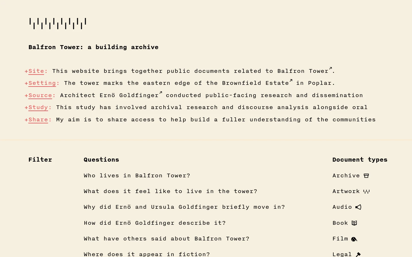 The desktop homepage features a minimalist design with a cream background and black monospaced text. The layout includes a header with red navigation links, a filter section organized into three columns (Filter, Questions, and Document types), and a chronological timeline of documents below.