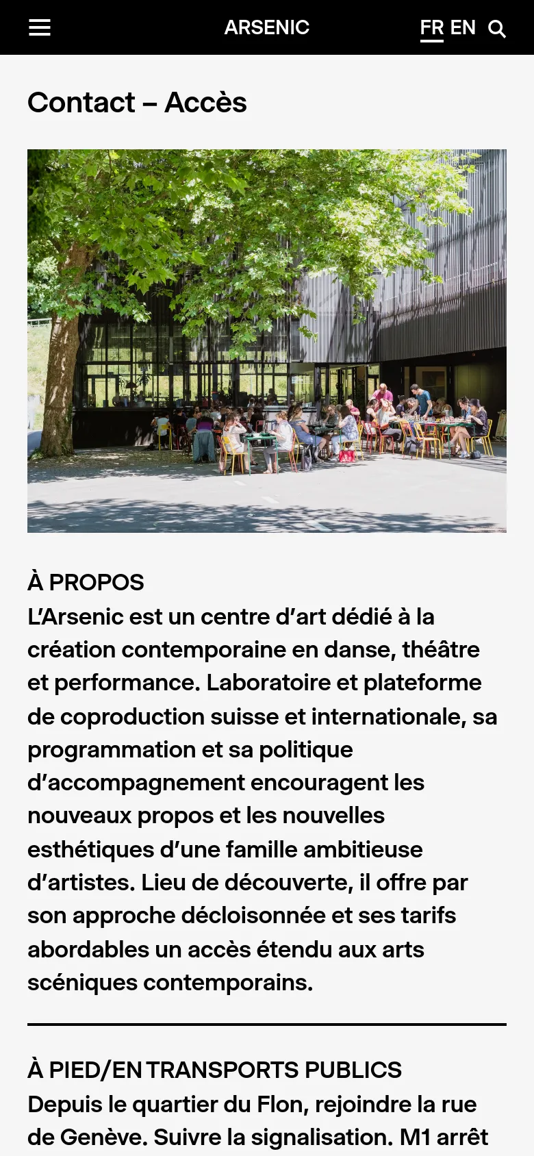 The mobile version maintains the minimalist aesthetic but uses a condensed layout. The navigation is tucked into a hamburger menu at the top left, and the hero image of the tree-shaded terrace spans the width of the screen above the text content. The typography is larger and stacked vertically for easier reading on a small screen.