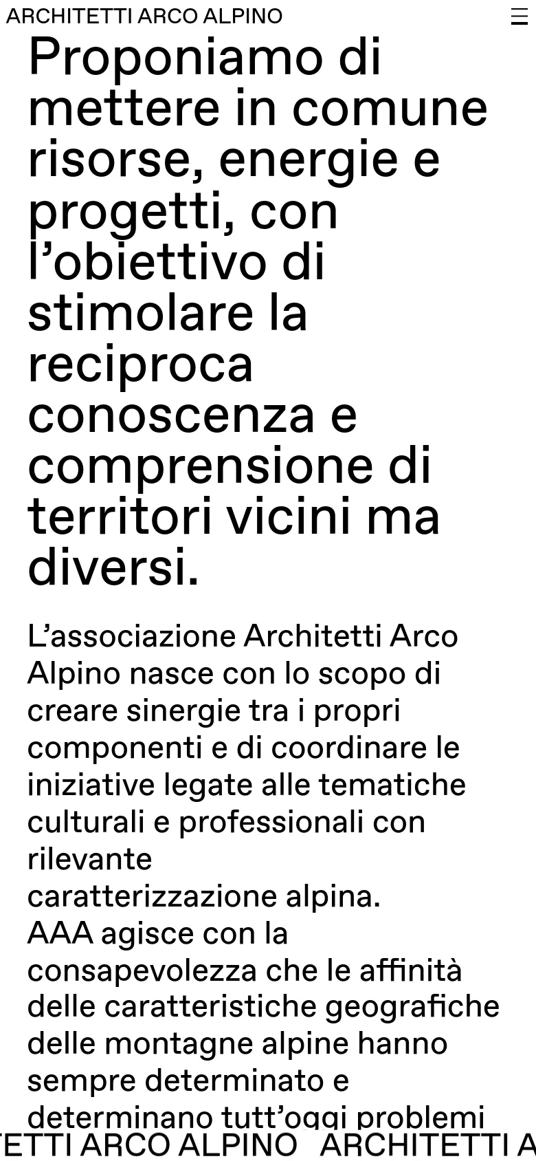 The mobile version presents a single-column vertical layout optimized for small screens. The large headline and descriptive text are stacked vertically, and the navigation menu is condensed into a hamburger icon at the top right.