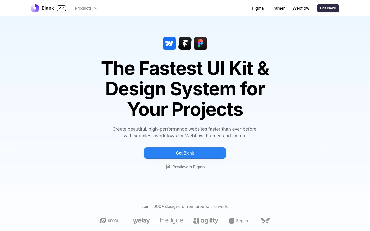 The desktop homepage features a clean, minimalist white layout with a centered hero section. A large bold headline reads 'The Fastest UI Kit & Design System for Your Projects' above a blue 'Get Blank' primary button and a 'Preview in Figma' secondary link, topped by Webflow, Framer, and Figma icons. A navigation bar at the top includes the Blank logo and links for Products, Figma, Framer, Webflow, and a 'Get Blank' button.