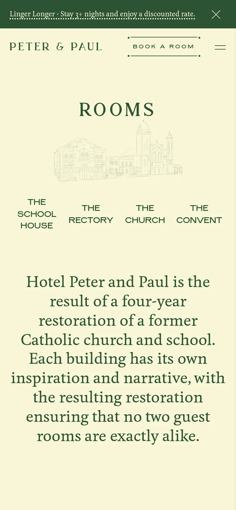 The mobile version maintains the cream and dark green color scheme but uses a simplified layout. The navigation is condensed into a hamburger menu icon, and the text for the room categories is stacked vertically below the central building illustration.