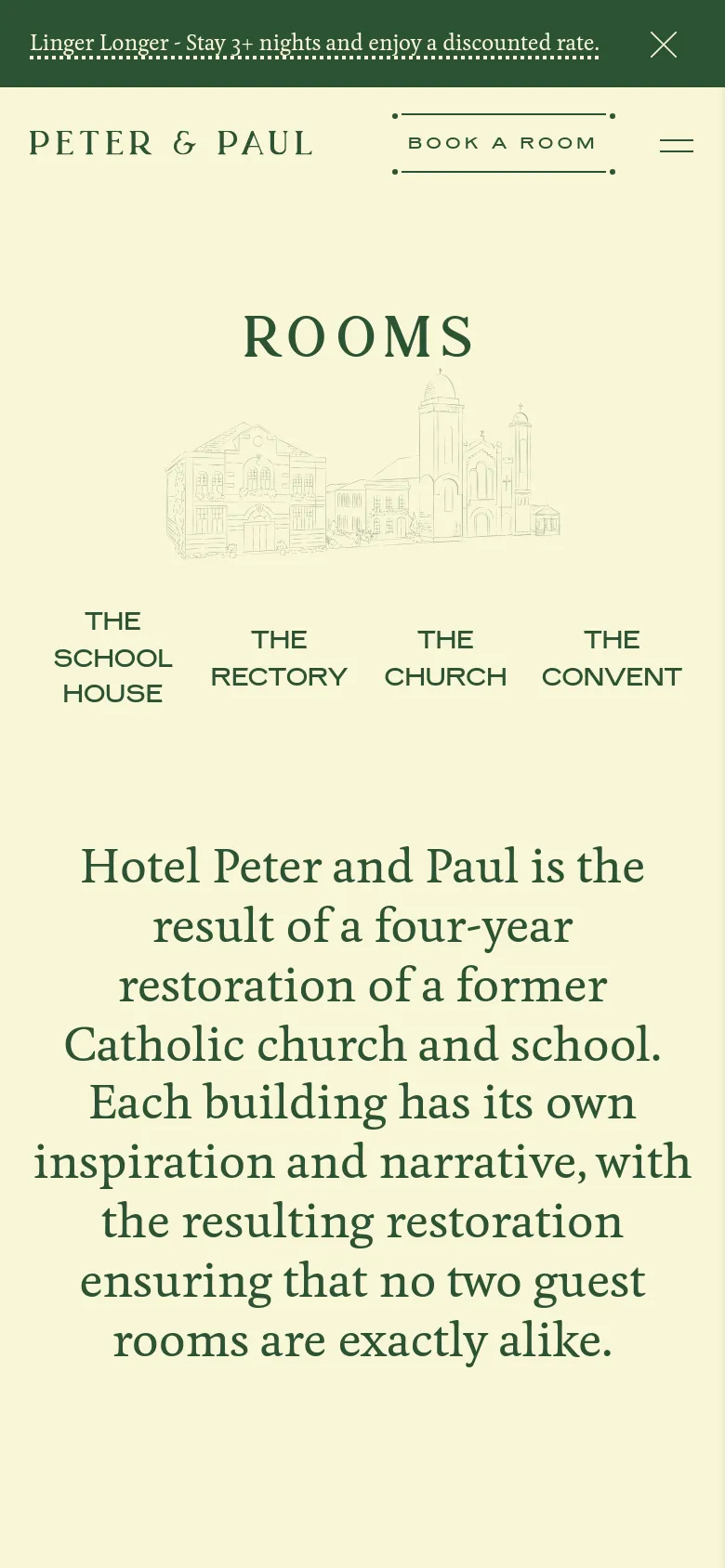 The mobile version maintains the cream and dark green color scheme but uses a simplified layout. The navigation is condensed into a hamburger menu icon, and the text for the room categories is stacked vertically below the central building illustration.