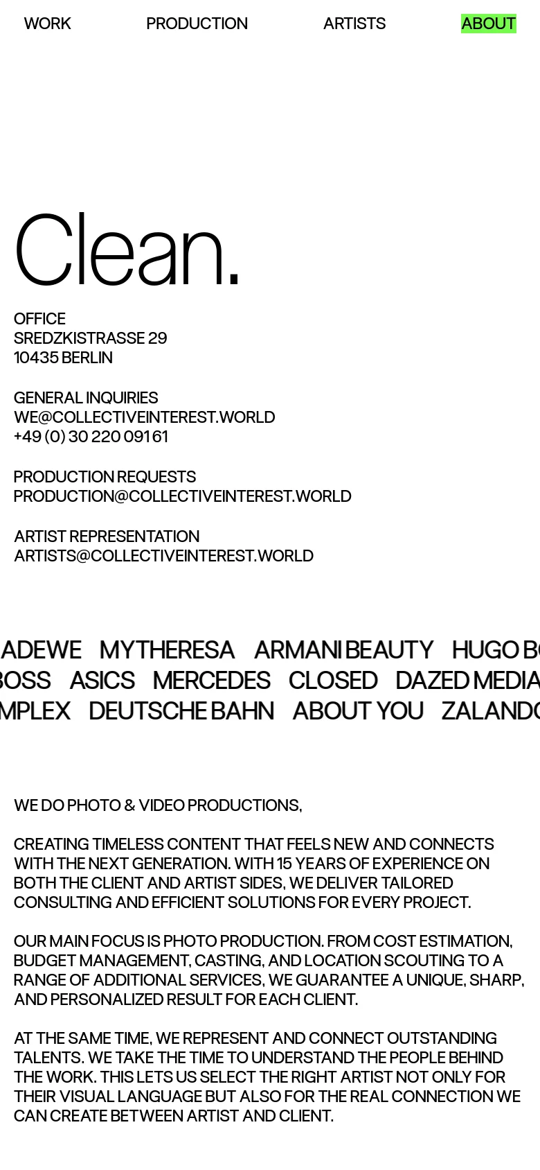 The mobile version maintains the minimalist aesthetic with a white background and black text, but the layout is vertically stacked for readability. The large 'Clean.' headline and service descriptions appear first, followed by a single-column list of client names that requires scrolling.