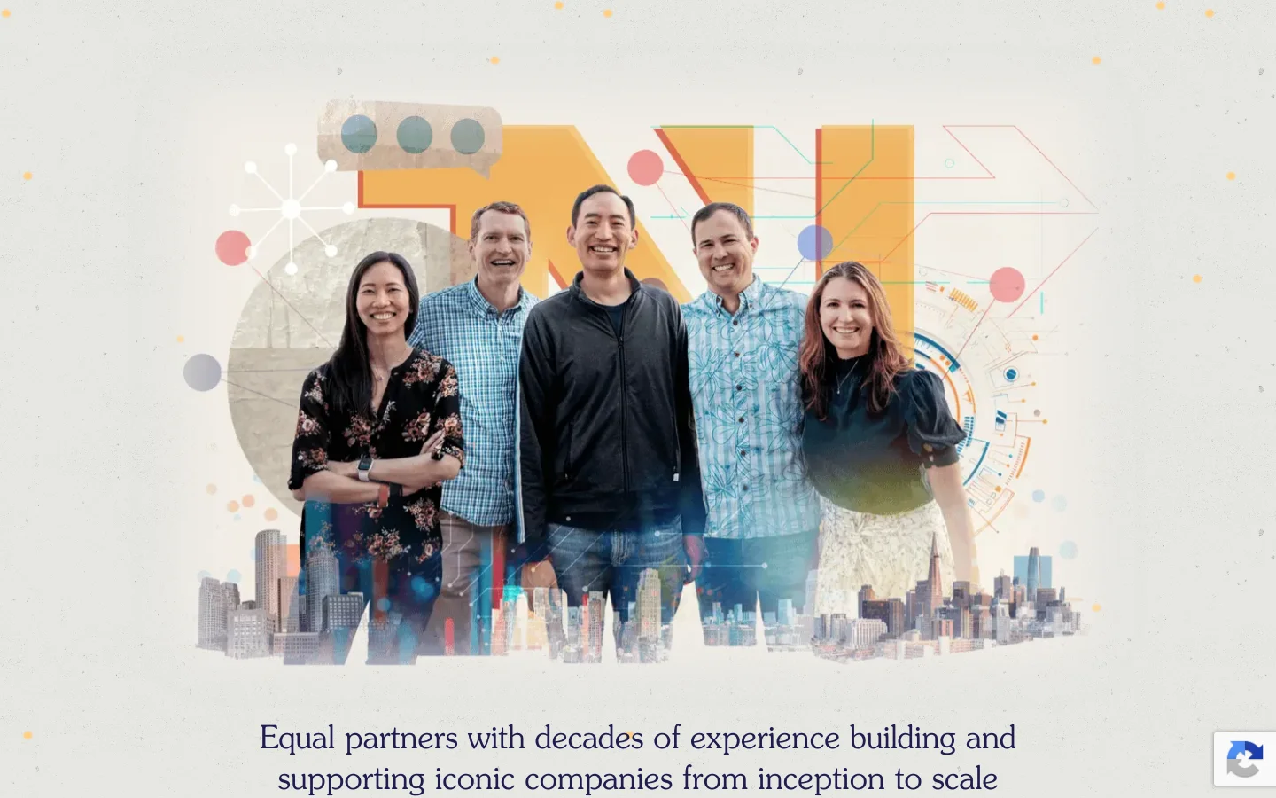 The desktop page features a large hero image of five team members standing in front of a stylized graphic background with cityscapes and geometric shapes. Below the image, a large serif headline reads, 'Equal partners with decades of experience building and supporting iconic companies from inception to scale.' The layout is clean with a light, textured background and the NextView logo in the top left.
