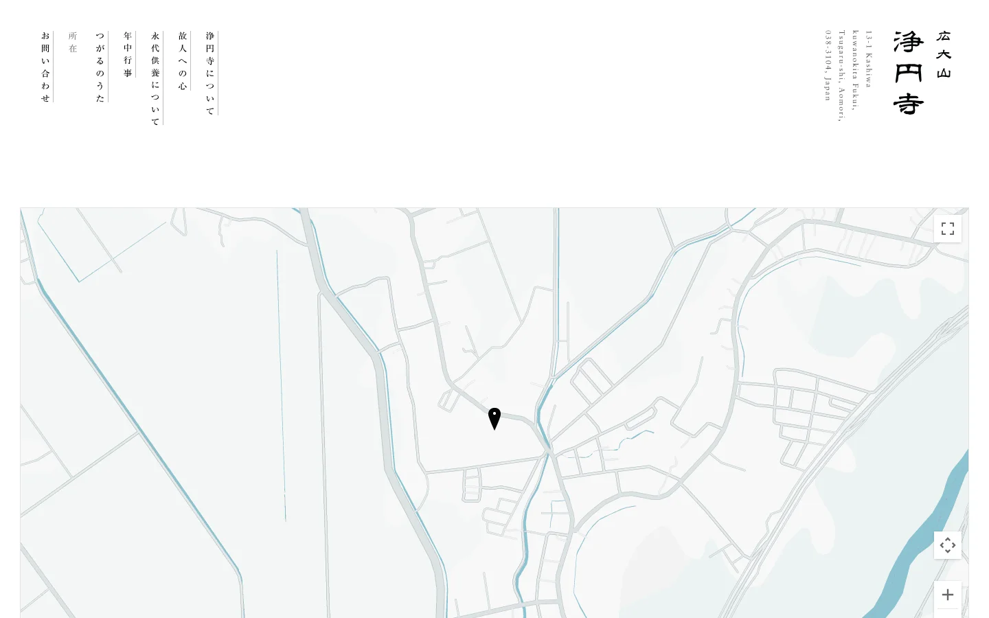A full-width interactive Google Map shows the location of Joenji Temple marked with a black pin. The map features a minimalist light blue and white color scheme with street outlines and navigation controls like zoom and fullscreen buttons.