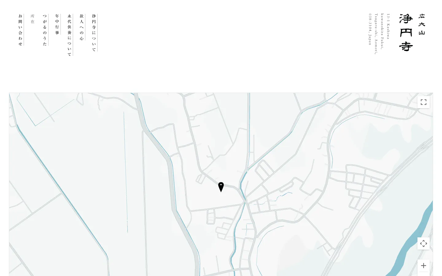 A full-width interactive Google Map shows the location of Joenji Temple marked with a black pin. The map features a minimalist light blue and white color scheme with street outlines and navigation controls like zoom and fullscreen buttons.