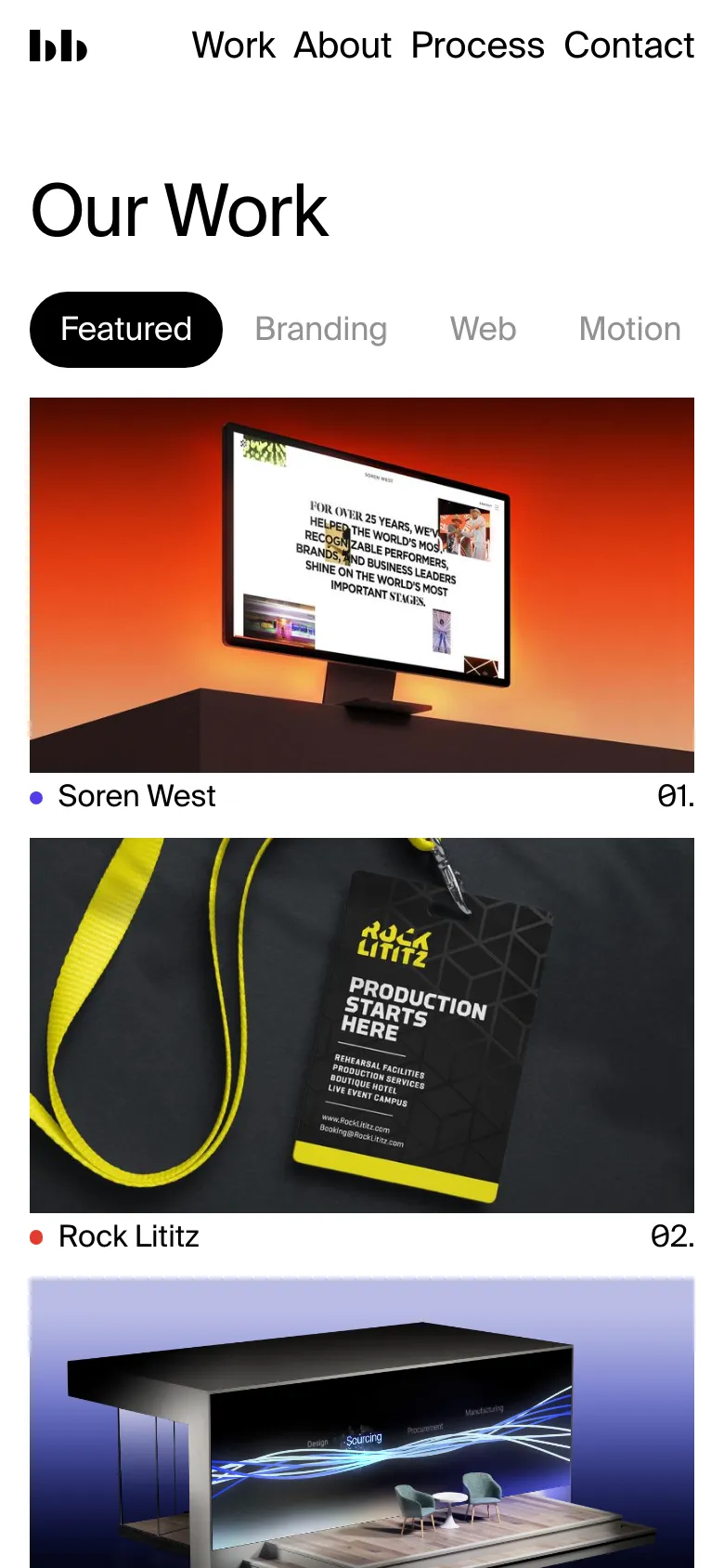 The mobile version displays a centered 'Our Work' headline with a single-column layout. The project filter menu and project grid are stacked vertically for easier scrolling on a narrow screen.