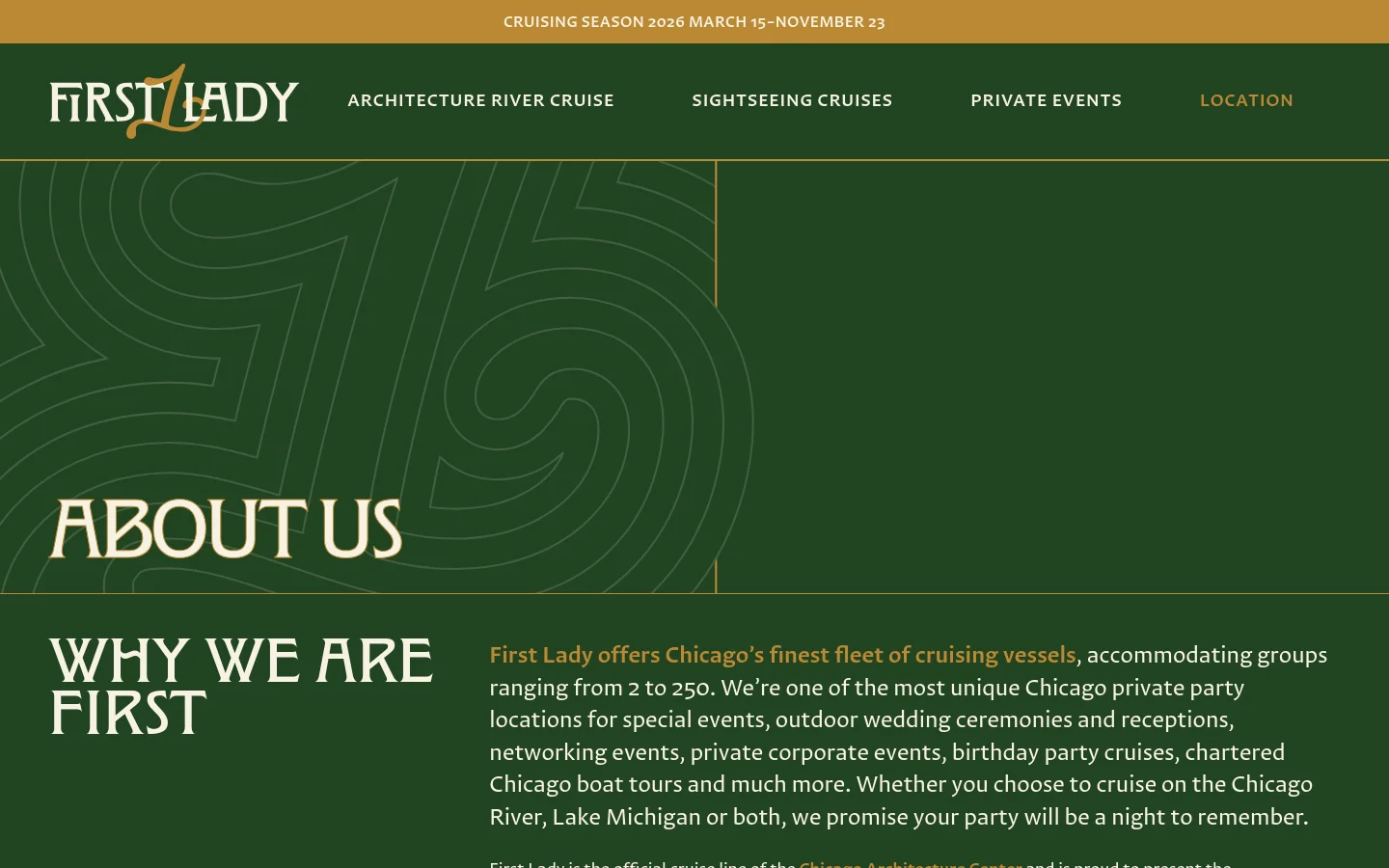 The desktop page features a dark green header with the First Lady logo and navigation links for cruises and events. A large hero section displays 'ABOUT US' in bold white serif text over a dark green patterned background, followed by a section titled 'WHY WE ARE FIRST' with descriptive text and a slideshow of images showing various boat cruises.