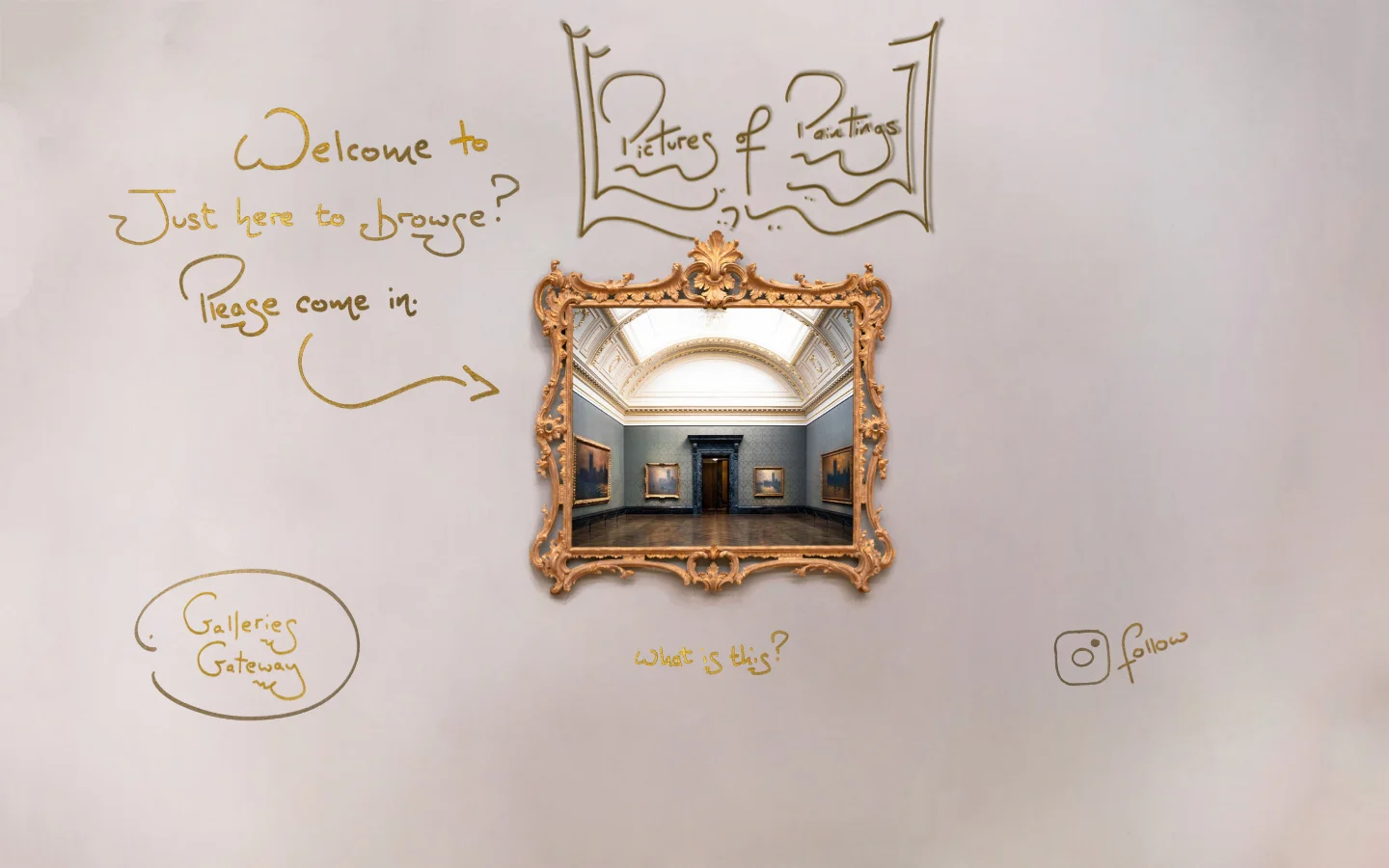 The desktop homepage features a minimalist, parchment-textured background with gold handwritten-style text and a central ornate gold frame containing a view into a museum gallery. Navigation links like 'Galleries Gateway' and 'follow' are scattered artistically around the frame, alongside a large 'Pictures of Paintings' logo.