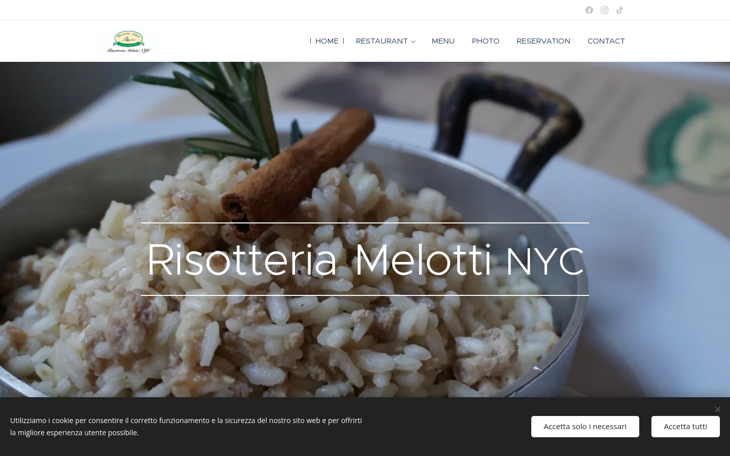 Desktop homepage for Risotteria Melotti NYC featuring a large hero image of a risotto dish with a cinnamon stick. The navigation menu includes links for Home, Restaurant, Menu, Photo, Reservation, and Contact. Below the hero section, the text highlights 100% gluten-free traditional Italian rice-based cuisine.