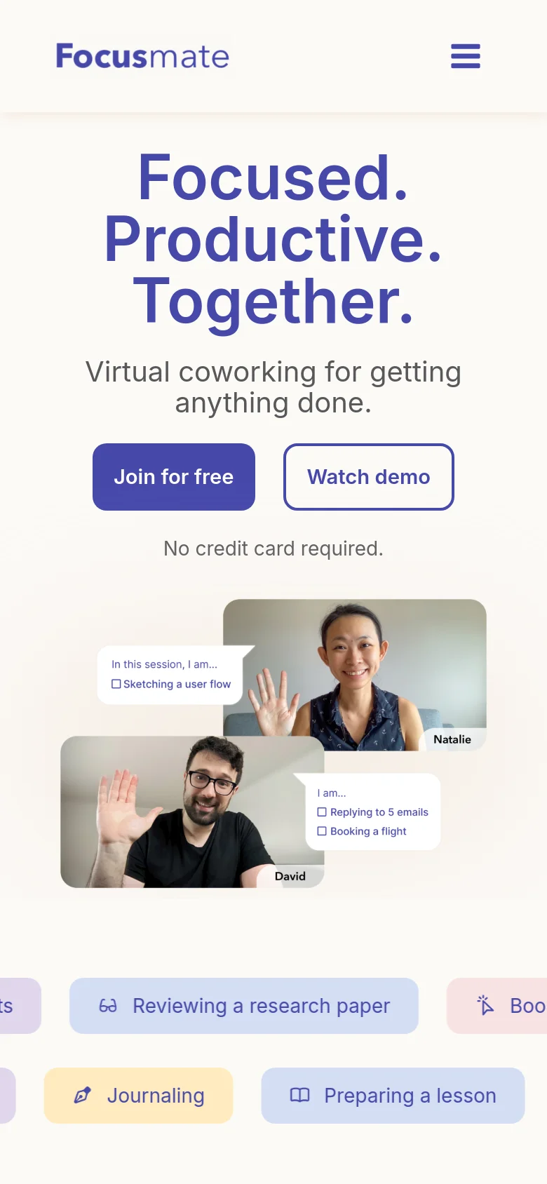 The mobile version presents a vertically stacked layout with the large blue headline and subheadline centered at the top. The 'Join for free' and 'Watch demo' buttons are positioned below the text, followed by the video call collage. The task icon list and media logos are scaled down to fit the narrow screen width.