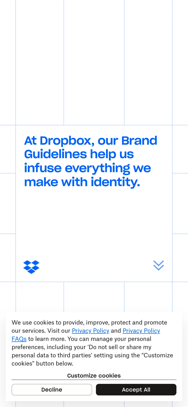 The mobile version maintains the minimalist white and blue grid aesthetic but stacks content vertically for readability. The large blue headline dominates the top of the screen, followed by a cookie consent banner at the bottom with 'Decline' and 'Accept All' buttons.