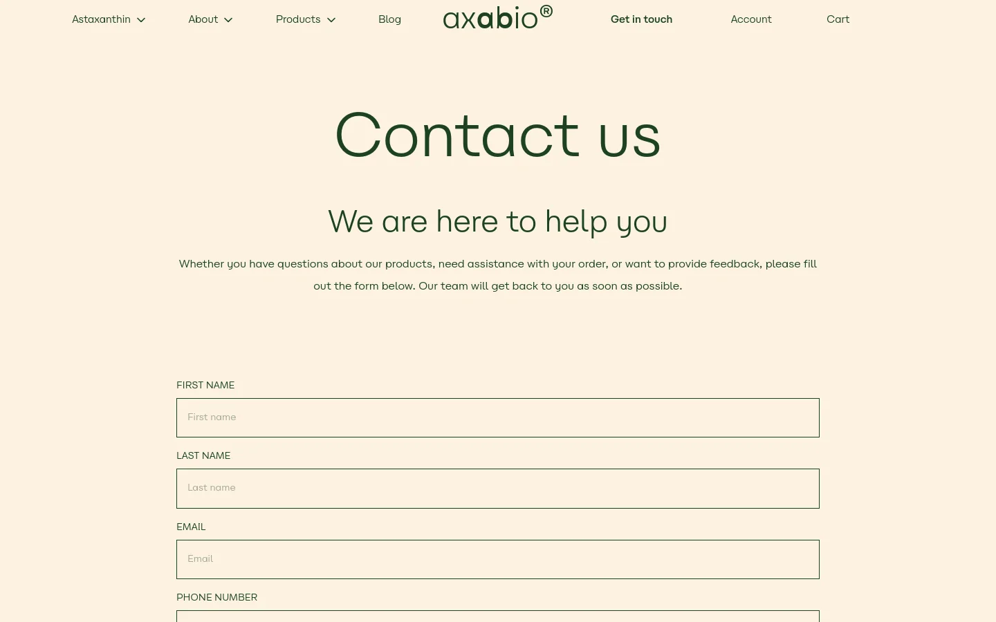 The desktop contact page features a minimalist design with a cream background and dark green text. A large 'Contact us' headline is centered at the top, followed by a brief introductory paragraph and a multi-field contact form including First Name, Last Name, Email, and Phone Number.