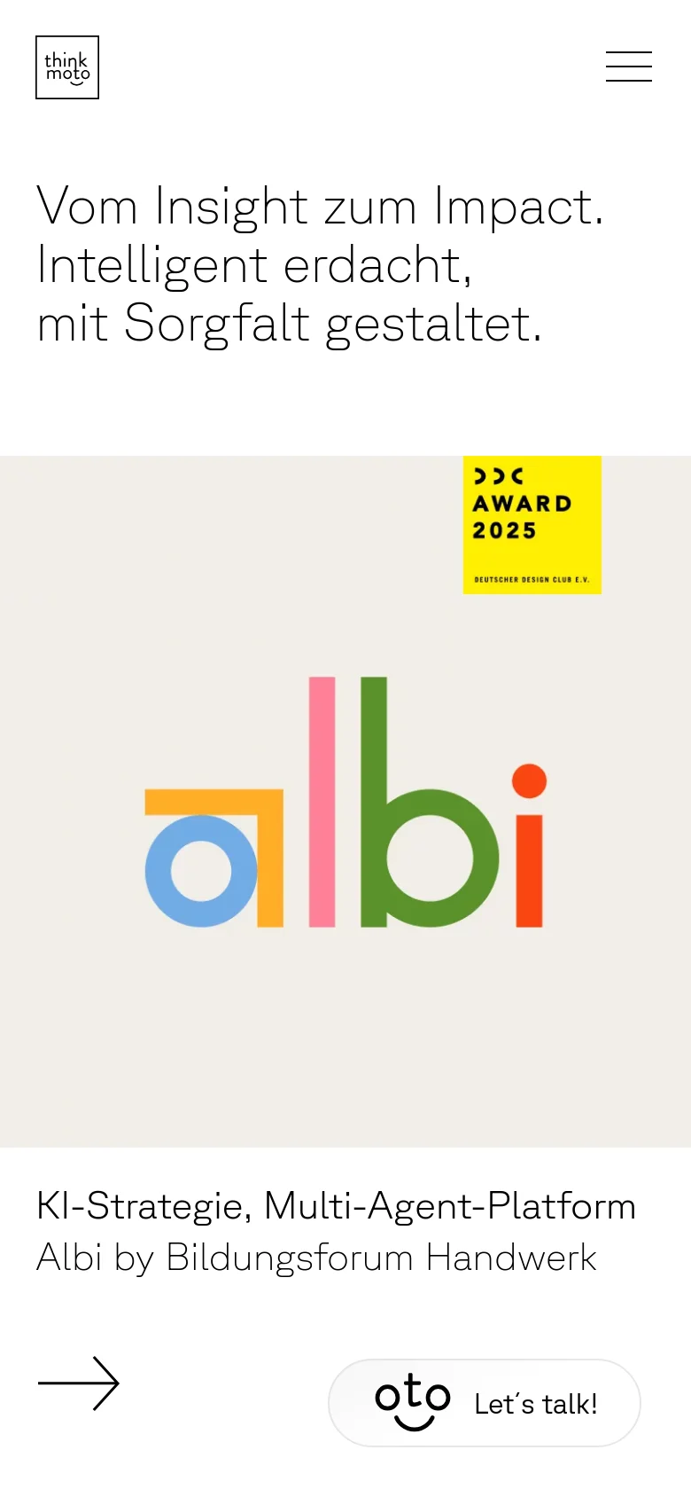 The mobile version presents a simplified vertical layout with a hamburger menu icon at the top right. The large headline is stacked vertically, followed by the 'albi' logo and award badge, and concludes with a prominent 'Let's talk!' call-to-action button at the bottom.