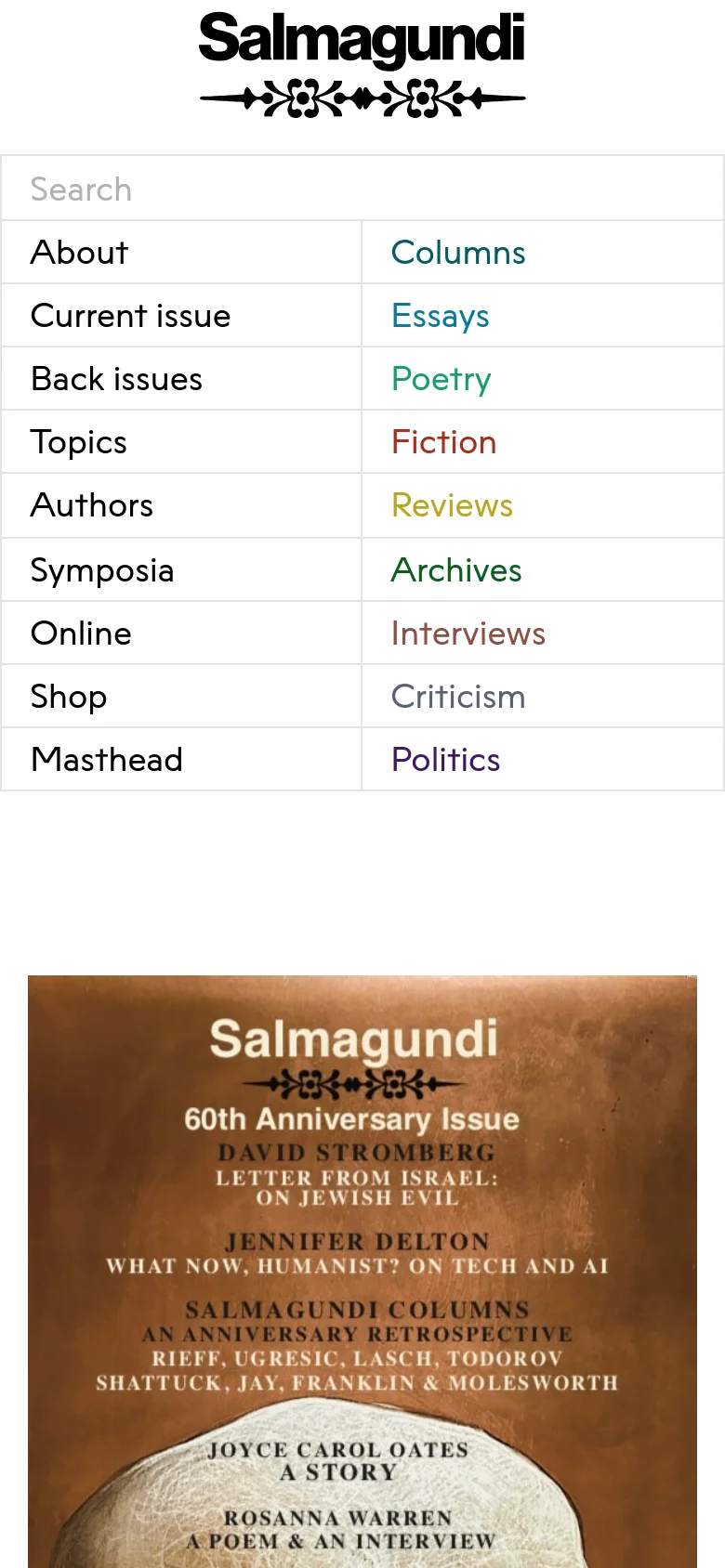 The mobile version presents a simplified, single-column vertical layout. The Salmagundi logo and a search bar appear at the top, followed by a stacked list of navigation links including About, Current issue, and Back issues. The magazine cover image is positioned at the bottom of the screen, occupying the full width of the viewport.