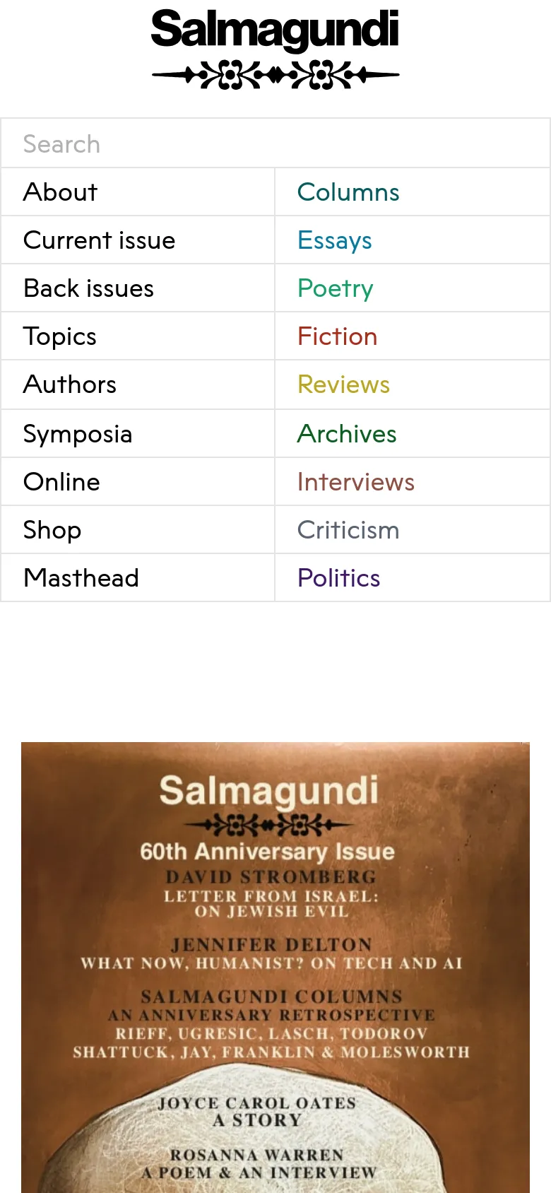 The mobile version presents a simplified, single-column vertical layout. The Salmagundi logo and a search bar appear at the top, followed by a stacked list of navigation links including About, Current issue, and Back issues. The magazine cover image is positioned at the bottom of the screen, occupying the full width of the viewport.