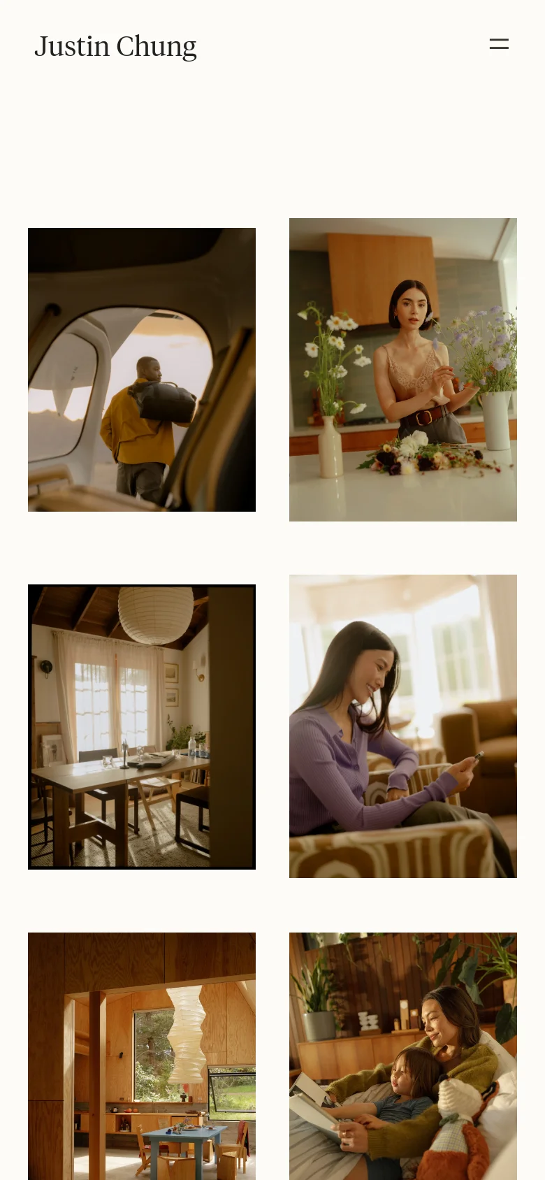 The mobile version displays a simplified header with the name 'Justin Chung' and a hamburger menu icon on the right. The photography grid transitions to a single-column layout, showing large, vertically oriented images of people and interior spaces.