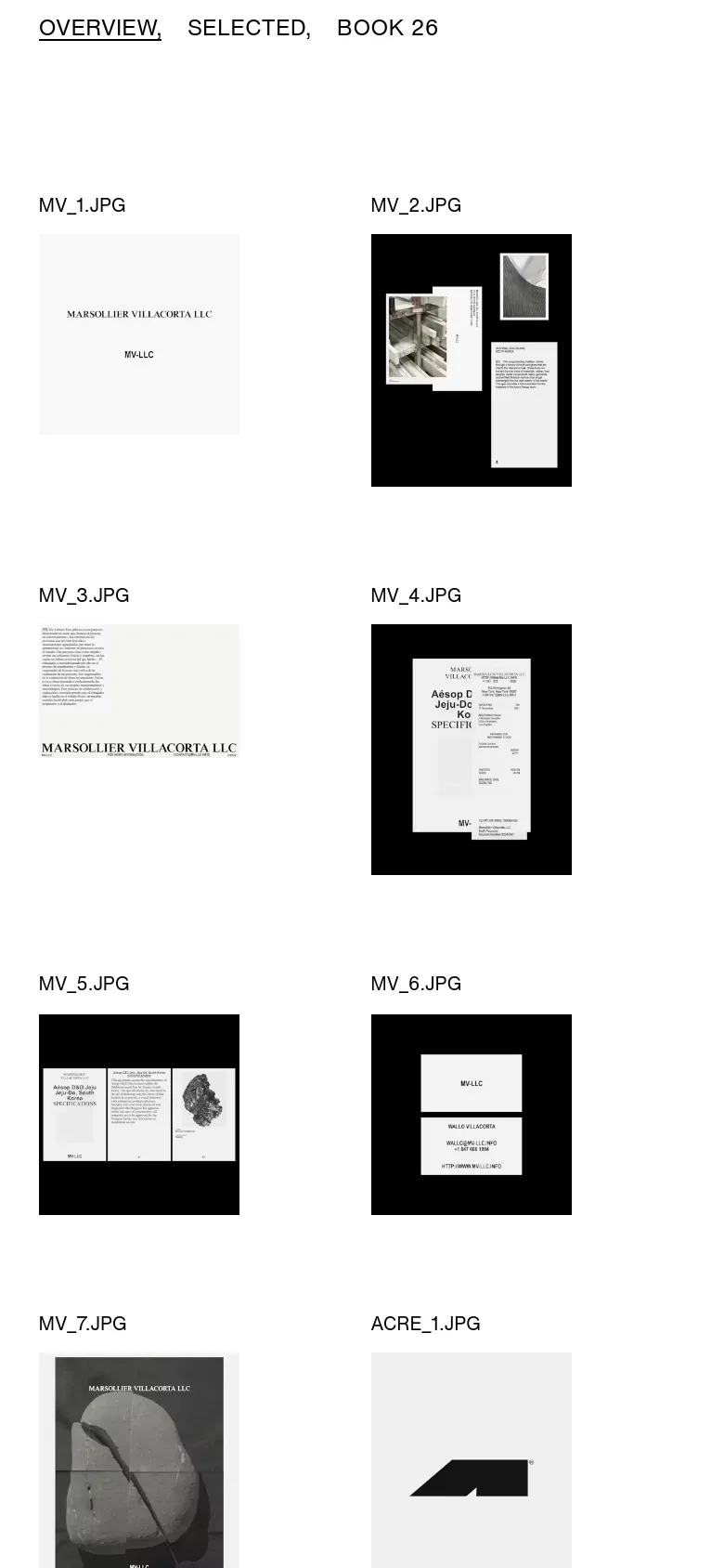 The mobile version maintains the minimalist black-on-white aesthetic but reorganizes the content into a single-column vertical scroll. The grid of design images is stacked vertically to fit the narrow screen, making the portfolio pieces the primary focus of the mobile experience.