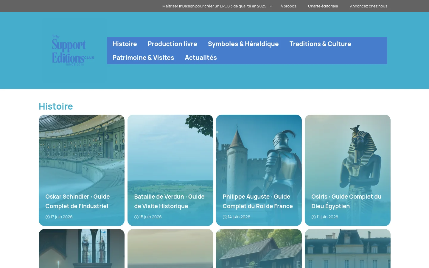 The Histoire page features a light blue header with a navigation menu containing links like Histoire and Production livre. Below, a grid of large, vertical image cards displays historical articles, each with a title and date overlaying a thematic image. The layout is clean with a white background and teal-colored accents.