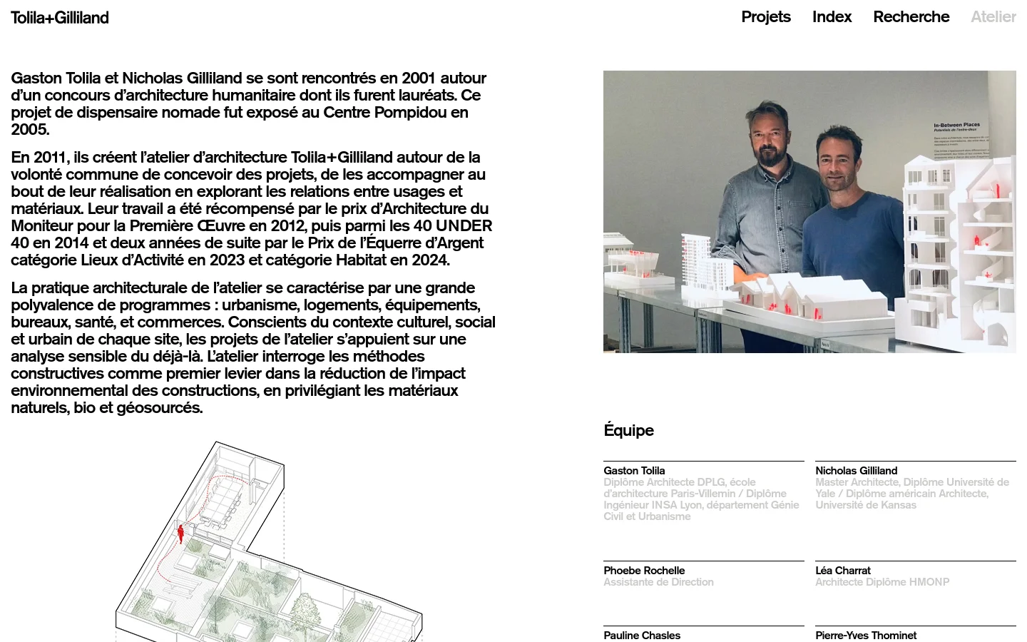The desktop page features a clean, minimalist layout with a white background and black text. A large portrait of two men, Gaston Tolila and Nicholas Gilliland, is positioned on the right, while the biographical text occupies the left. Below the text, an architectural axonometric drawing is displayed, followed by a multi-column list of the team members.