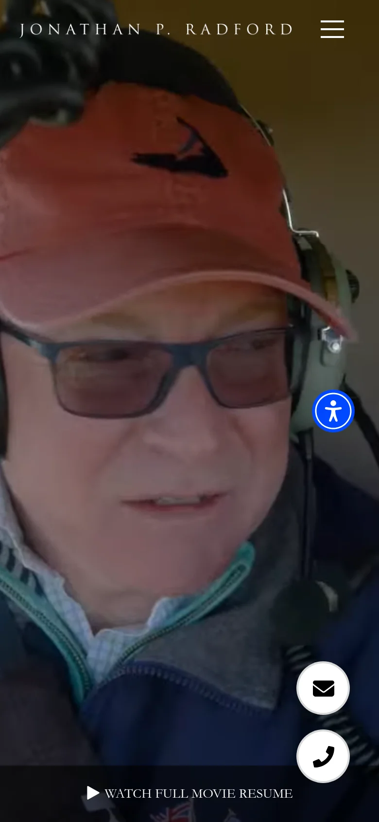 The mobile version shows a close-up, vertical crop of a man wearing glasses and a headset, serving as the hero background. The site name is at the top left with a hamburger menu icon on the right, and a 'Watch Full Movie Resume' button is positioned at the bottom. Floating circular icons for email and phone contact are visible on the right side of the screen.