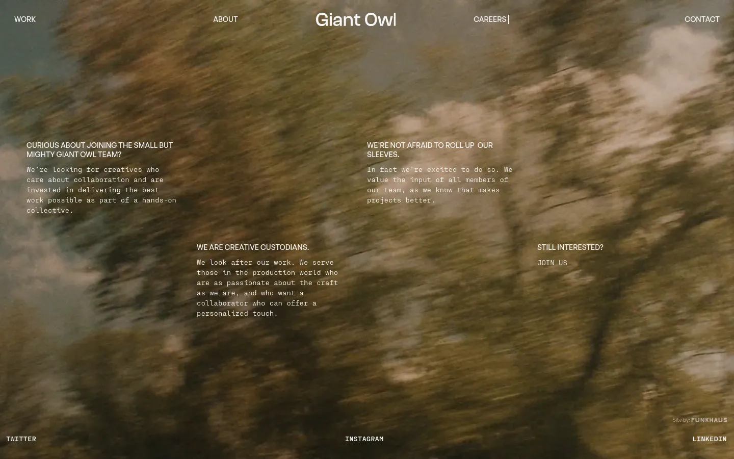 The desktop Careers page features a minimalist layout with white text overlaid on a large, textured brown and tan background image. The navigation menu is at the top, and the page content is organized into four distinct sections of text, ending with a 'JOIN US' call to action. The footer contains links to Twitter, Instagram, and LinkedIn.