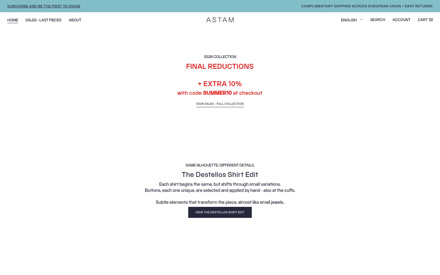 The desktop homepage features a minimalist design with a white background and black text. A top announcement bar in light blue promotes subscriptions and shipping, followed by a navigation menu and a large hero section announcing SS26 Final Reductions with a discount code. Below, text sections describe 'The Destellos Shirt Edit' with a call-to-action button.