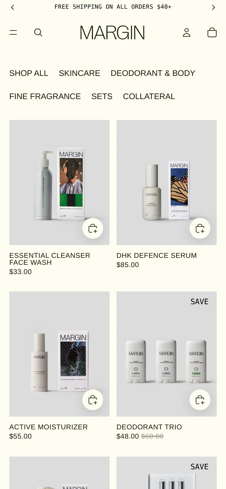 The mobile version presents a single-column vertical scroll of the product grid, optimizing the layout for smaller screens. The navigation menu is condensed into a hamburger icon, and product images are accompanied by a shopping bag icon overlay for quick access. The minimalist aesthetic and neutral color palette remain consistent with the desktop view.